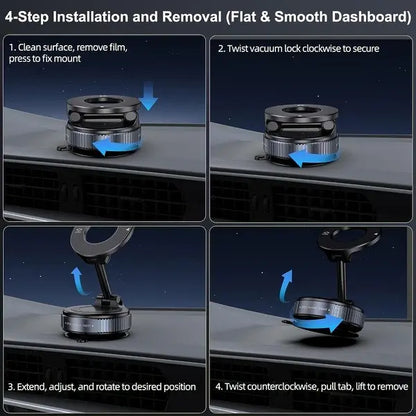 Universal Magnetic Car Phone Holder Strong Vacuum Suction Cup Mount for All Smartphones & Vehicles Foldable Design Works on Dashboard Gym & Bathroom Mirrors