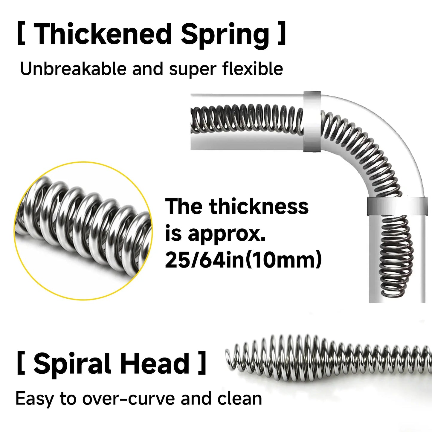 Drain Snake with Drill Adapter, Heavy Duty Drain Auger, Flexible Plumbing Snake Drain Clog Remover, Spring Steel Pipe Cleaning Tool for Kitchen Sink, Bathroom, Shower, Bathtub, Toilet, Hair & Grease Clog Removal, Reusable DIY Plumbing Cleaner